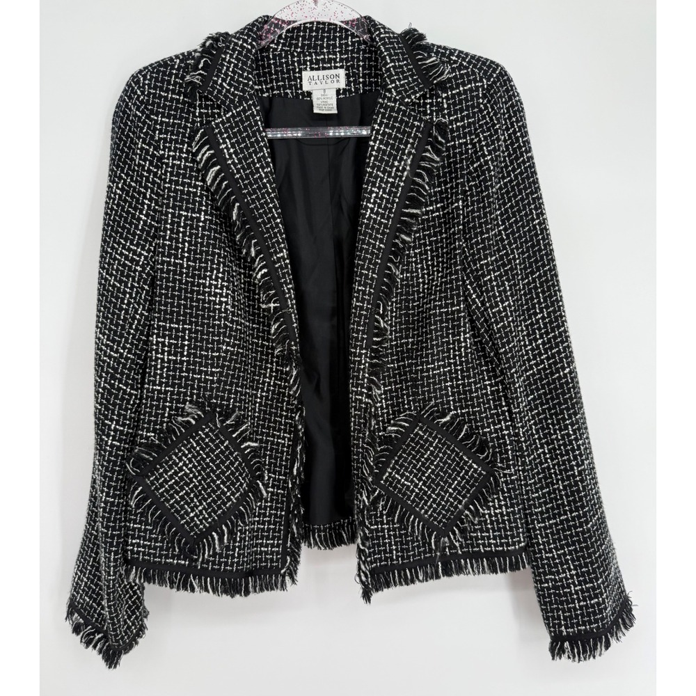 Allison Taylor Womens Black White Tweed Fringe Open Front Blazer Jacket Sz 8